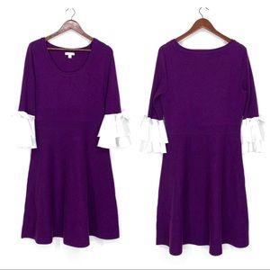 New York & Company Purple & White Long Sleeve Sweater Dress W/ Ruffled Bow Wrist